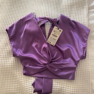 New! Zara Satin Purple Blouse with Knot Detail